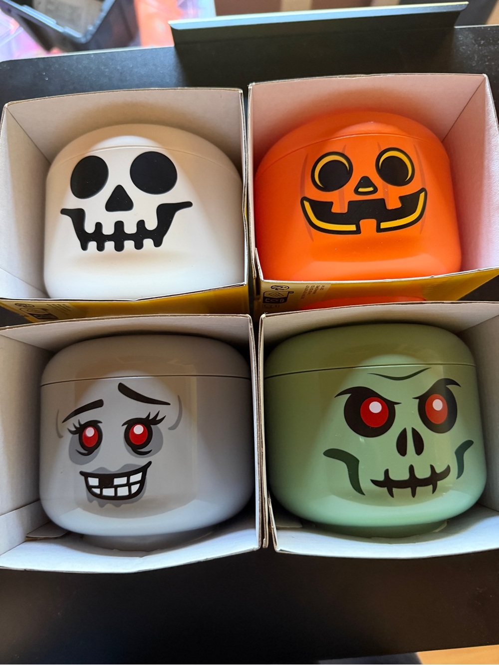 4 Lego Mini Storage Heads Halloween Spooky Stackable Girl Boy Zombie Skeleton